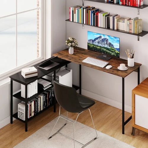 COSTWAY Bureau d¿Angle Réversible 135 x 120 cm avec Étagères de Rangement - Cadre Métallique Industriel, pour Jouer, Travailler