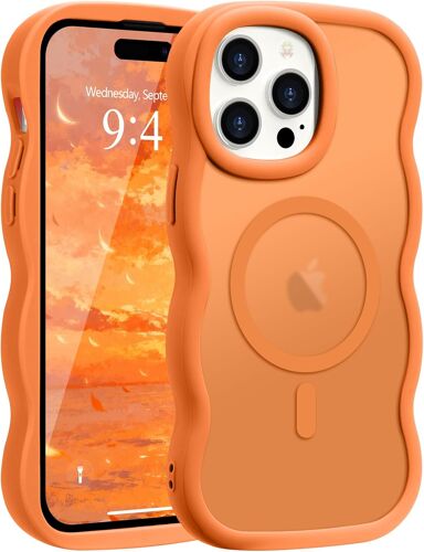 TRAHOO-Coque Magnétique pour iPhone 14 Pro Max [Compatible avec Magsafe] Translucide Mat Cadre Vague Bouclée Coque de Téléphone Slim Fit Antichoc Housse de Protection pour Homme et Femme-Orange