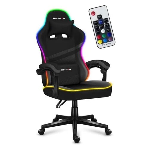 Chaise gaming HUZARO FORCE 4.4 LED RVB Noir, Hauteur réglable, Support Lombaire, Têtière, Chaise bureau, Ergonomique, Pc gaming