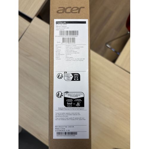 Acer Aspire AL15-33P-38XN - 15.6" Intel Core 3 N355 - 1.8 Ghz - Ram 8 Go - SSD 512 Go