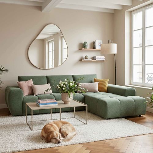 Canapé d'angle droit en tissu 3 places vert