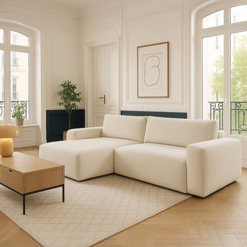 Canapé d'angle gauche convertible 3 places en tissu chenille beige