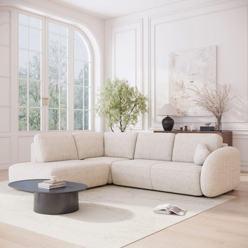 Canapé d'angle convertible 5 places en effet peau de mouton beige