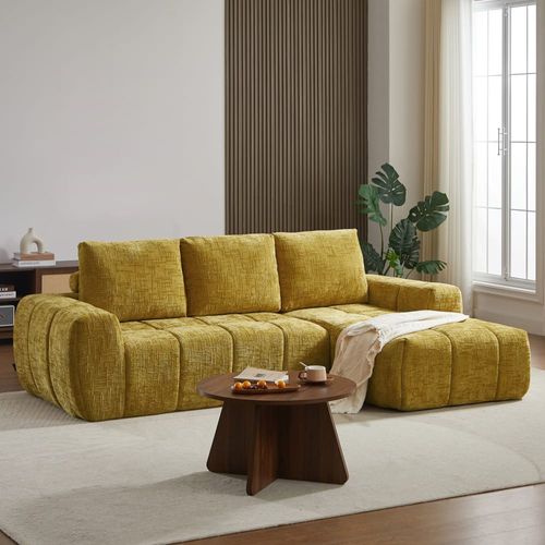 Canapé d'angle en tissu 4 places jaune moutarde