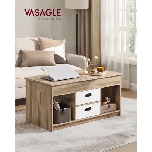 Table basse relevable avec 2 tiroirs marron camel et blanc nuage