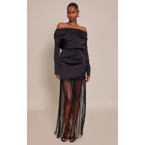 Femme Robe Longue Satinée Noire À Perles Et Ourlet Frangé | Taille 34
