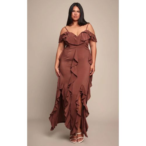 Femme Plus Robe Longue Chocolat Volantée À Bretelles Fines Et Épaules Dénudées | Taille 50