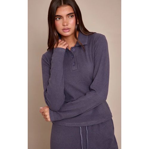 Femme Top Manches Longues En Polaire Douce Grise À Fines Rayures Et Col Replié | Taille 32