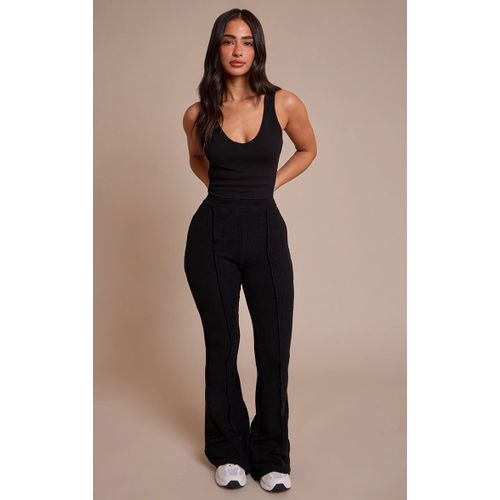 Femme Petite Pantalon Flare Côtelé Noir À Taille Haute Et Lisérés Surjetés | Taille Xs