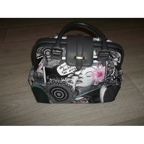 Sac DESIGUAL simili cuir gris anthracite et multicolore, décos visages TBE