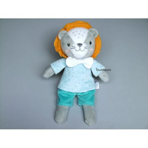 Doudou lion Mots d Enfants bleu gris orange