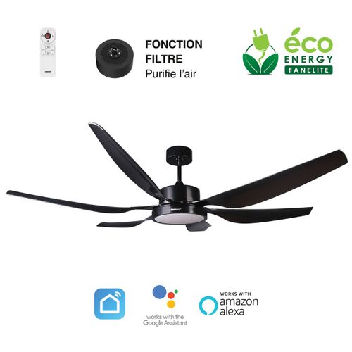 Fanelite - Ventilateur de plafond 168 cm noir MAKATEA - Moteur DC 55W - LED 22W dimmable 3 couleurs - Très silencieux + PURIFICATEUR D'AIR INCLUS
