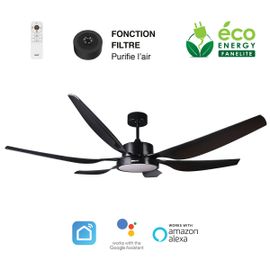 Fanelite - Ventilateur de plafond 168 cm noir MAKATEA - Moteur DC 55W - LED 22W dimmable 3 couleurs - Très silencieux + PURIFICATEUR D'AIR INCLUS