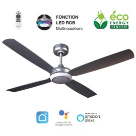 Fanelite - Ventilateur de plafond 132 cm gris QALITO - Moteur DC 30W - LED 20W dimmable 3 couleurs + RGB - Wifi - Silencieux