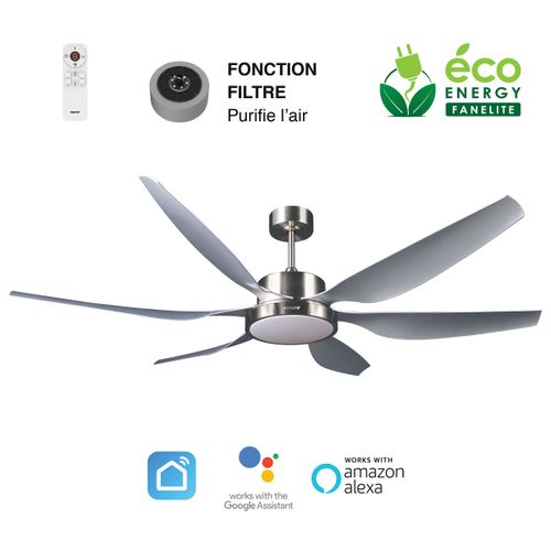 Fanelite - Ventilateur de plafond 168 cm gris HUAHINE - Moteur DC 55W - LED 22W dimmable 3 couleurs - Très silencieux + PURIFICATEUR D'AIR INCLUS