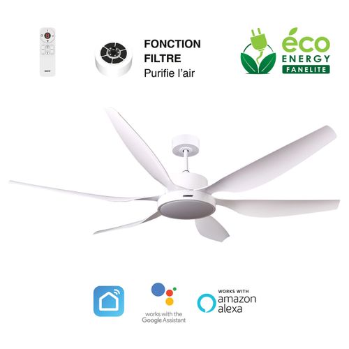 Fanelite - Ventilateur de plafond 168 cm blanc RANGIROA - Moteur DC 55W - LED 22W dimmable 3 couleurs - Très silencieux + PURIFICATEUR D'AIR INCLUS