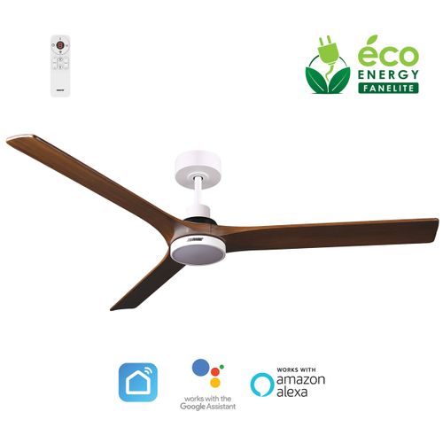 Fanelite - Ventilateur de plafond 142 cm blanc et bois ARUBA - Moteur DC 35W - LED 20W dimmable 3 couleurs - Wifi - Silencieux