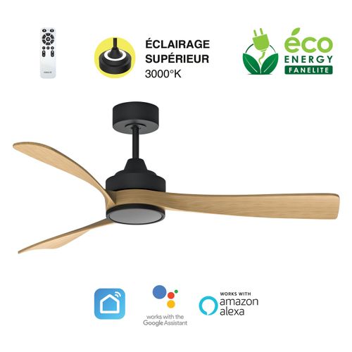Fanelite - Ventilateur de plafond 132 cm noir et bois MANIHI - Moteur DC 35W - LED 20W dimmable 3 couleurs + LED SUPERIEURE 2W 3000°K