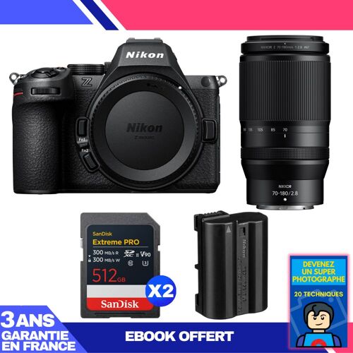Boitier Nikon Z5 II + 70-180mm f/2.8 + 2 SanDisk 512GB Extreme PRO UHS-II SDXC + Nikon EN-EL15c + Ebook 'Devenez Un Super Photographe'