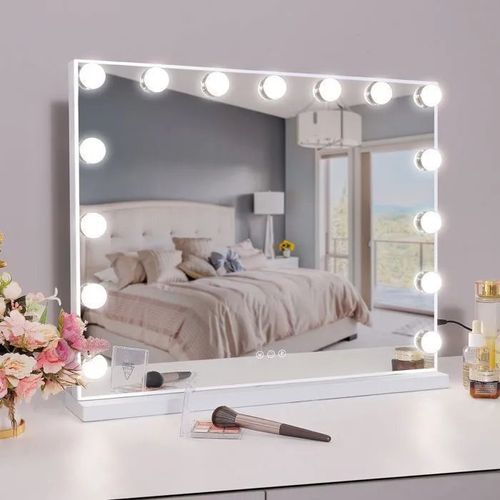 FENCHILIN Hollywood 15 LED miroir de maquillage lumineux/ trois lumières réglables/ port de charge USB/ loupe 10x/ blanc 58 x 46cm