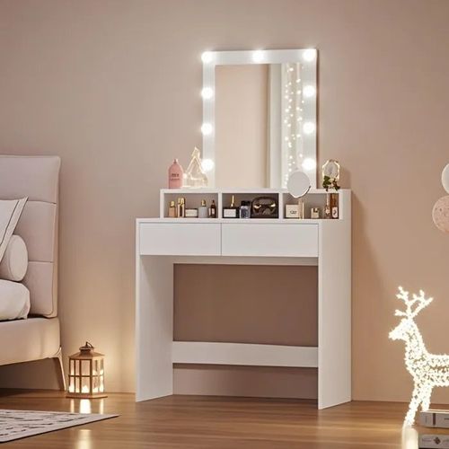 VASAGLE Coiffeuse, Miroir LED à Luminosité Réglable, Table de Maquillage, 2 Tiroirs et 3 Compartiments, 40 x 80 x 145 cm, Blanc