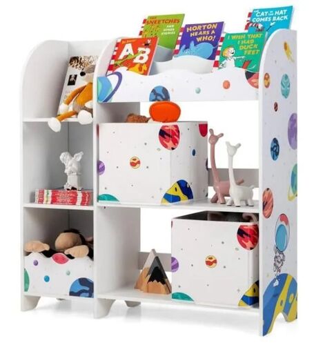Bibliothèque Enfant - DREAMADE - 5 Compartiments Ouverts - 2 Tiroirs - 6 Patins Antidérapants - 93X30X102CM - Astronautes