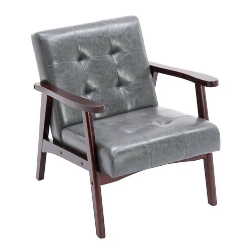 Fauteuil Vintage Médiéval HOMEMIYN - Design Rétro en Similicuir Gris et Bois d'Hévéa Massif
