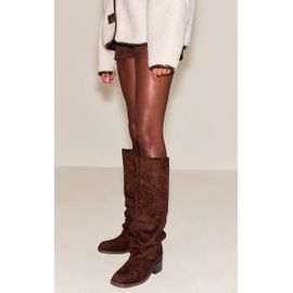 Bottes Hautes Froncées En Suédine Chocolat Talon Carré