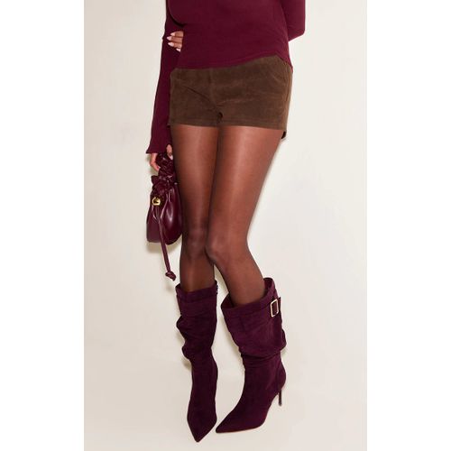 Bottes Hautes Froncées En Suédine Prune Talon Aiguille
