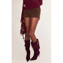 Bottes Hautes Froncées En Suédine Prune Talon Aiguille