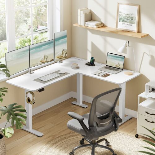 Bureau électrique réglable en hauteur table d¿angle en l blanc nuage