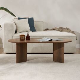 Table basse ovale en aggloméré sable noyer vielli