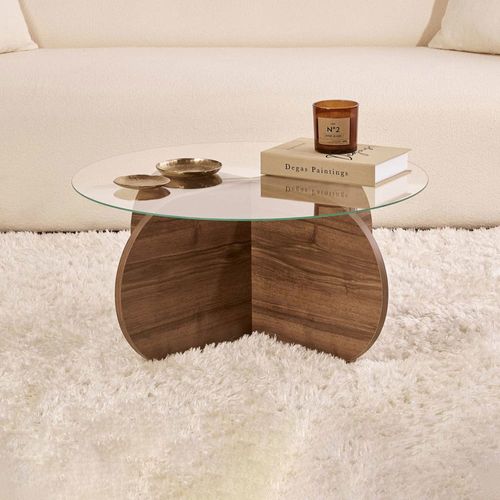 Table basse ronde en verre aeris noyer, verre transparent