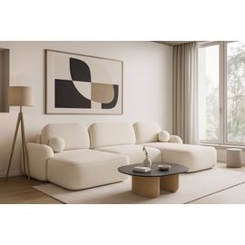 Canapé d'angle panoramique 6 places en tissu bouclette beige