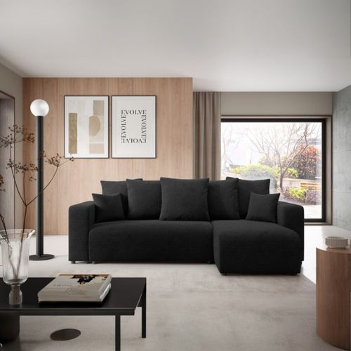 Canapé d'angle convertible 4 places en tissu anti tâche noir