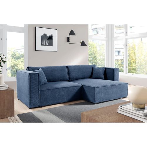 Canapé d'angle convertible 4 places en velours côtelé bleu