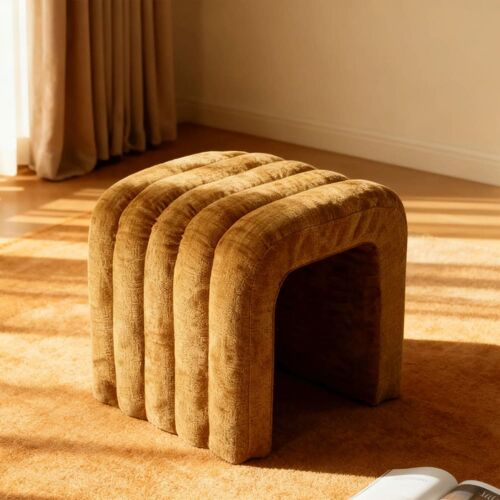 Tabouret rembourré en tissu chenille - Jaune moutarde