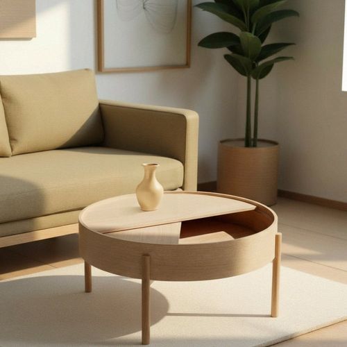 Table basse ronde avec rangement en bois ø80cm - Bois clair