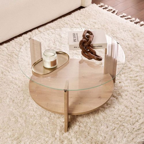 Table basse ronde en verre trempé et bois ø75cm - Bois clair