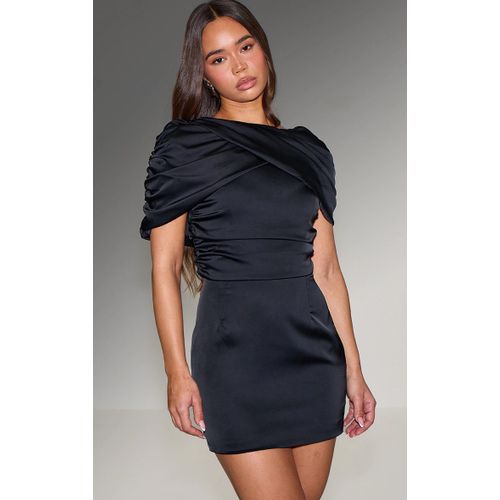 Femme Mini Robe Satinée Noire À Partie Drapée Et Manches Courtes | Taille 40