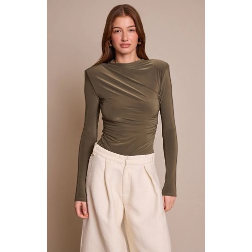 Femme Body Drapé Moulant Doublé Kaki Froncé À Manches Longues | Taille 38