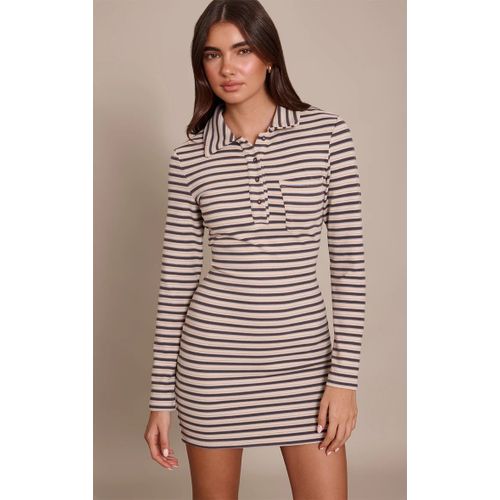 Femme Robe Moulante Douce Bleue Rayée À Col Replié Et Manches Longues | Taille 44