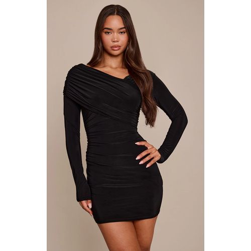 Femme Mini Robe Moulante Noire À Épaule Dénudée Et Partie Superposée | Taille 44