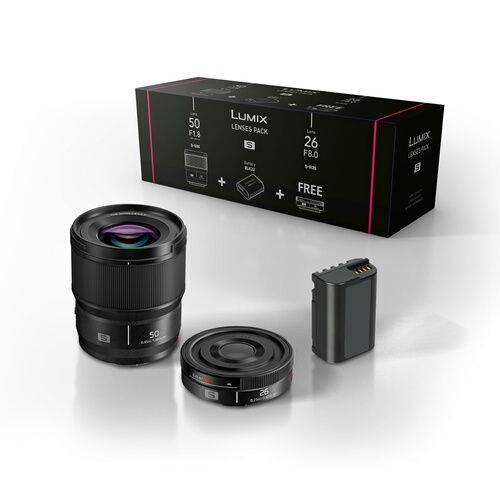 Objectif à Focale fixe Panasonic Kit Accessoires Optique fixe grand angle 26mm S-R26E + Optique fixe Portrait 50m f1.8m S-S50ME + Batterie DMW-BLK22EB pour lumix S5 et S9