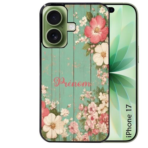 Coque noire pour IPHONE 17 motif bois et fleur prenom