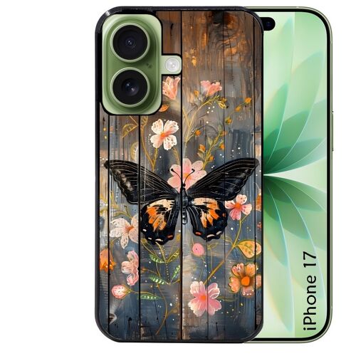 Coque noire pour IPHONE 17 motif bois et papillon 2