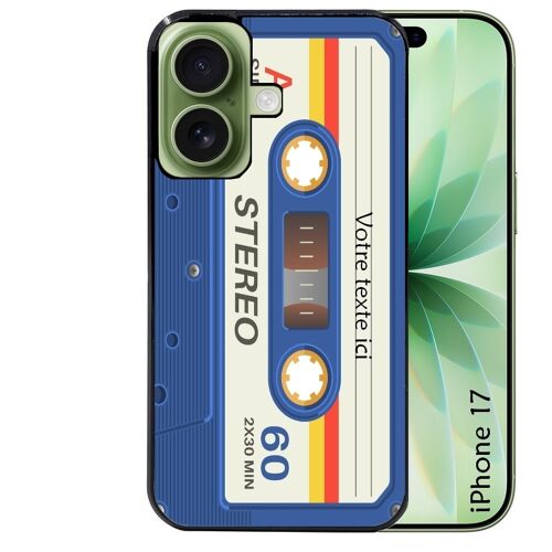Coque noire pour IPHONE 17 cassette bleu avec votre texte
