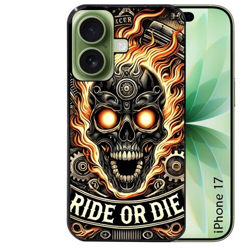 Coque noire pour IPHONE 17 motif tete de mort flamme