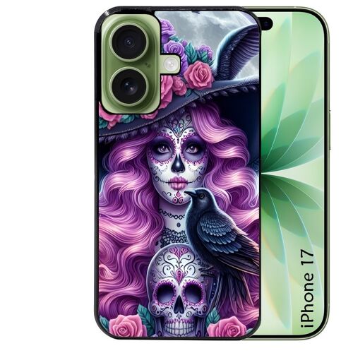 Coque noire pour IPHONE 17 motif tete de mort calavera et corbeau