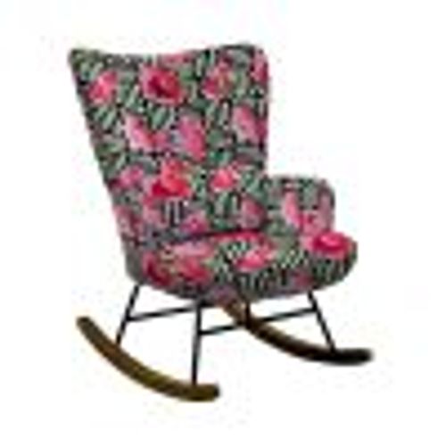 Fauteuil à Bascule Élégant HOMEMIYN - Design Mid-Century avec Motif Rose sur Tissu Toile